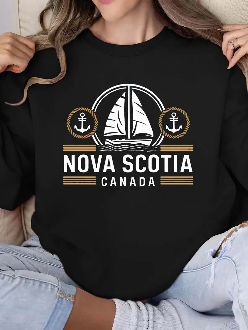 Damen Sweatshirt mit maritimem Segelmuster und dezentem Schriftzug Drune