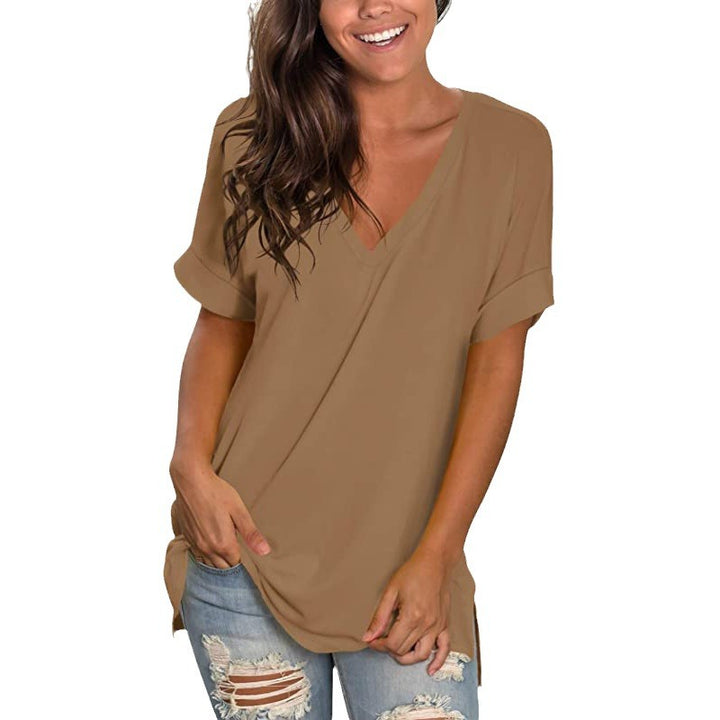 Damen V-Ausschnitt T-Shirt mit lässigem Schnitt und umgeschlagenen Ärmeln Drune