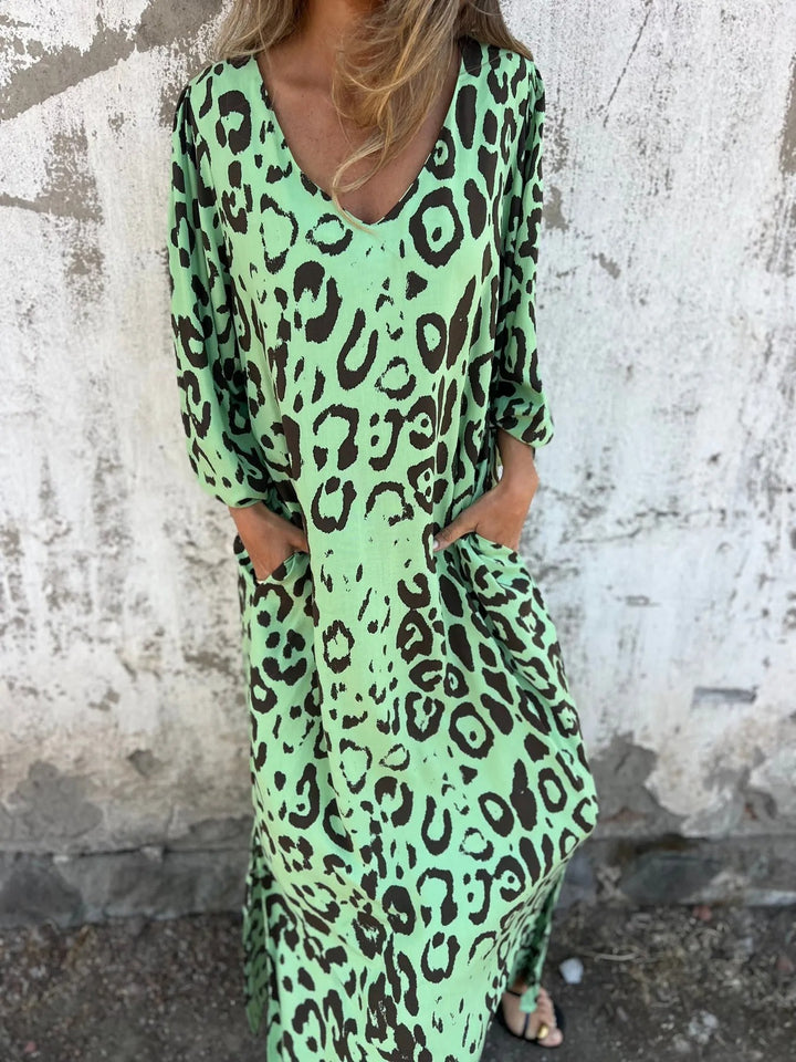 Damen Maxikleid mit exklusivem Leopardenmuster und praktischen Seitentaschen Drune
