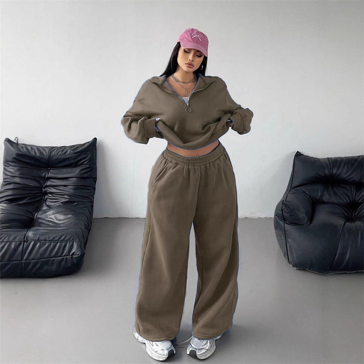 Damen Sportliches und lässiges Fleece-Set mit halbem Reißverschluss Drune