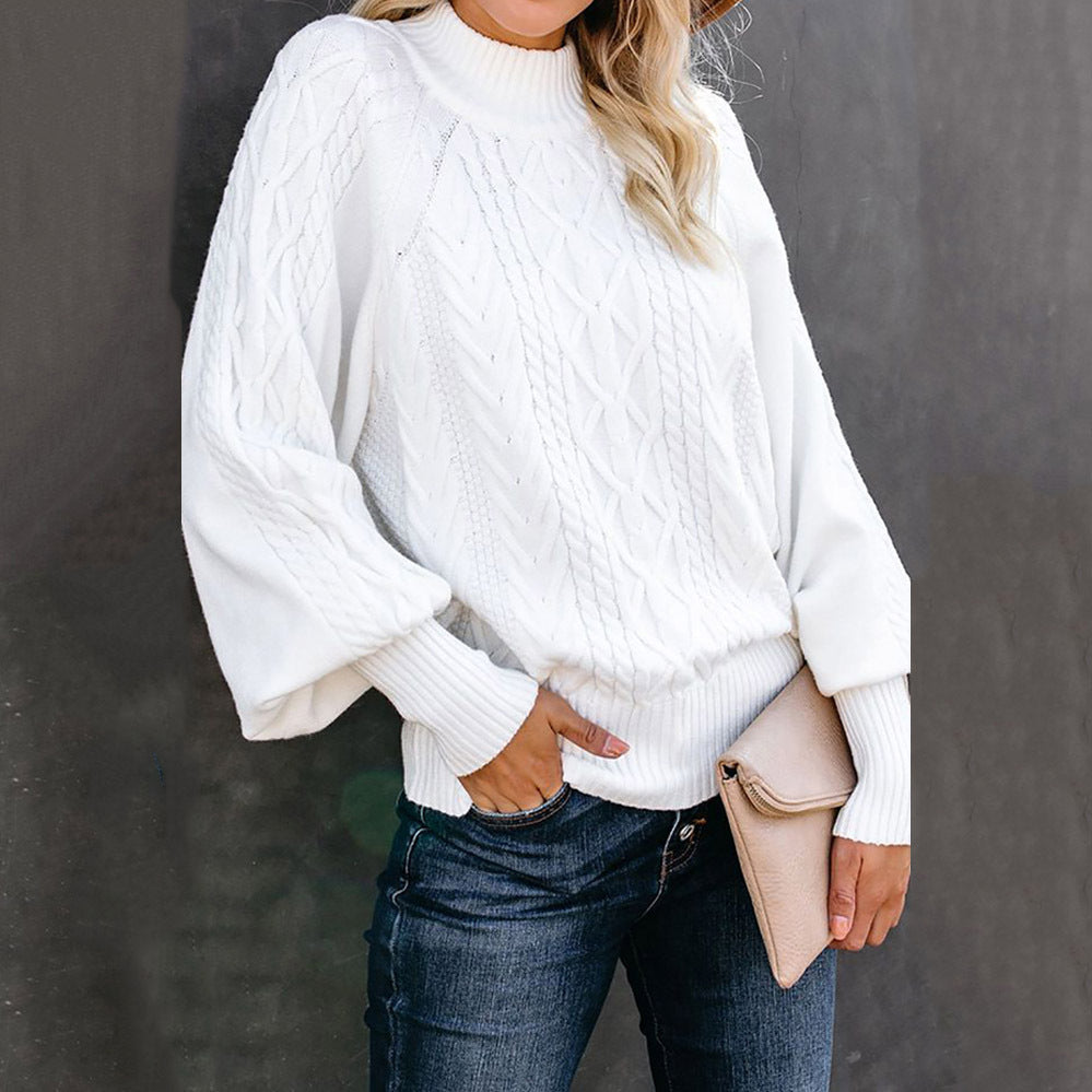 Damen Strickpullover mit hohem Kragen und Flechtmuster Drune