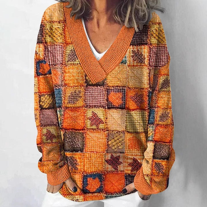 Damen V-Ausschnitt Pullover mit floralem Muster und lässigem Schnitt Drune