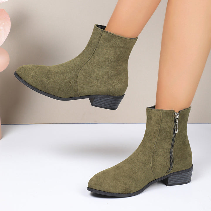 Damen nan knöchelhohe Wildlederoptik-Stiefelette mit seitlichem Reißverschluss, spitzer Zehenpartie und niedrigem Blockabsatz Drune