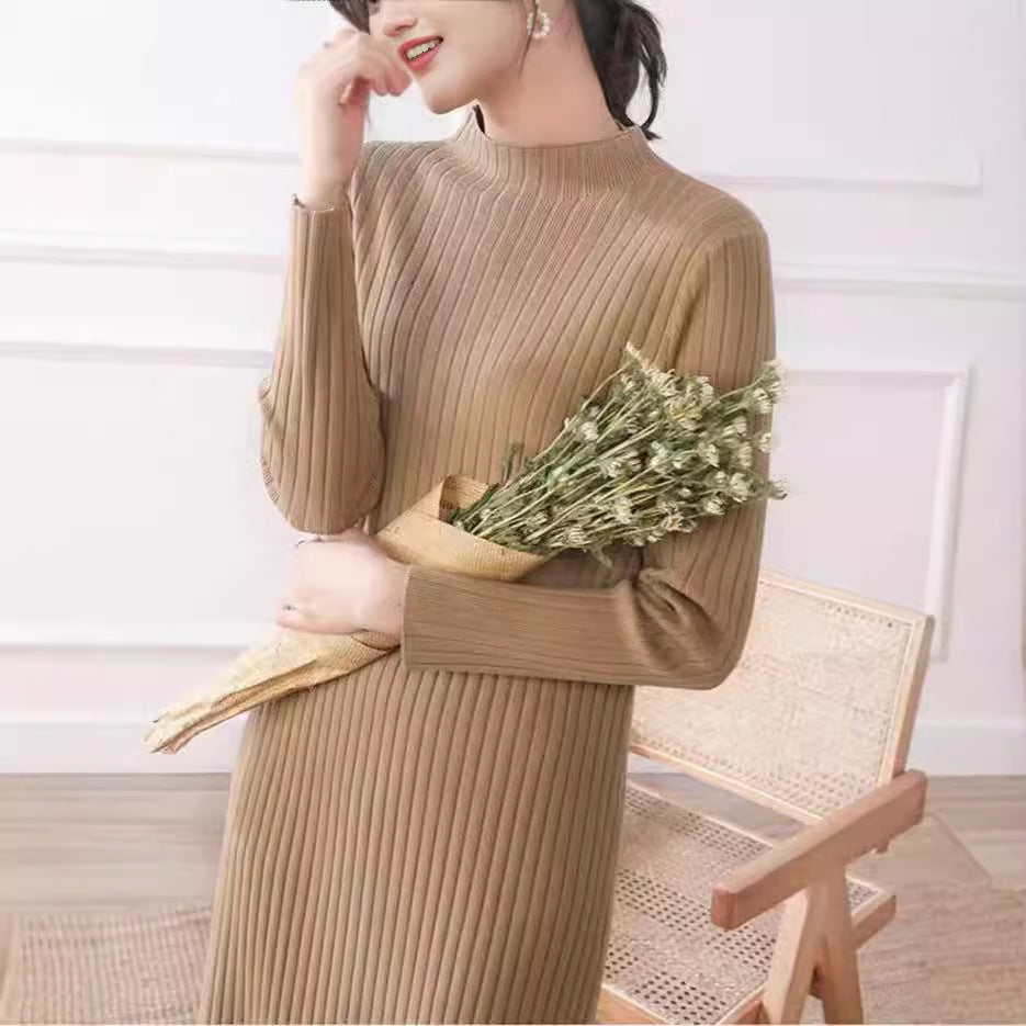 Damen Strickkleid mit feiner Rippstruktur und hohem Kragen Drune