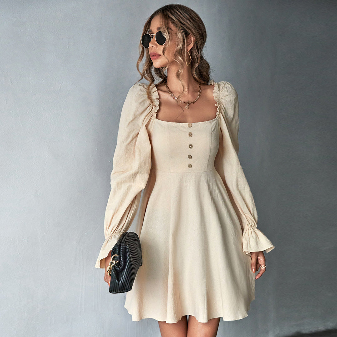 Damen Minikleid mit Puffärmeln und Knopfdetails Drune