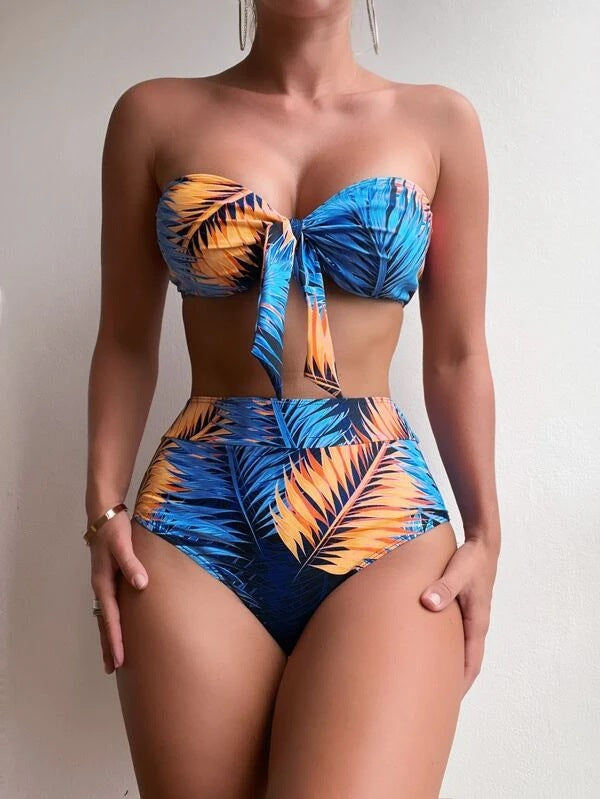 Damen Bandeau-Bikini mit floralem Design und passendem Kimono Drune