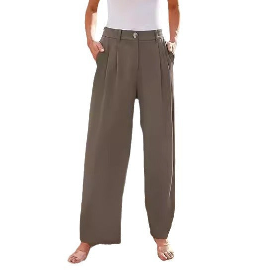 Damen weite High-Waist Stoffhose mit seitlichen Eingrifftaschen Drune