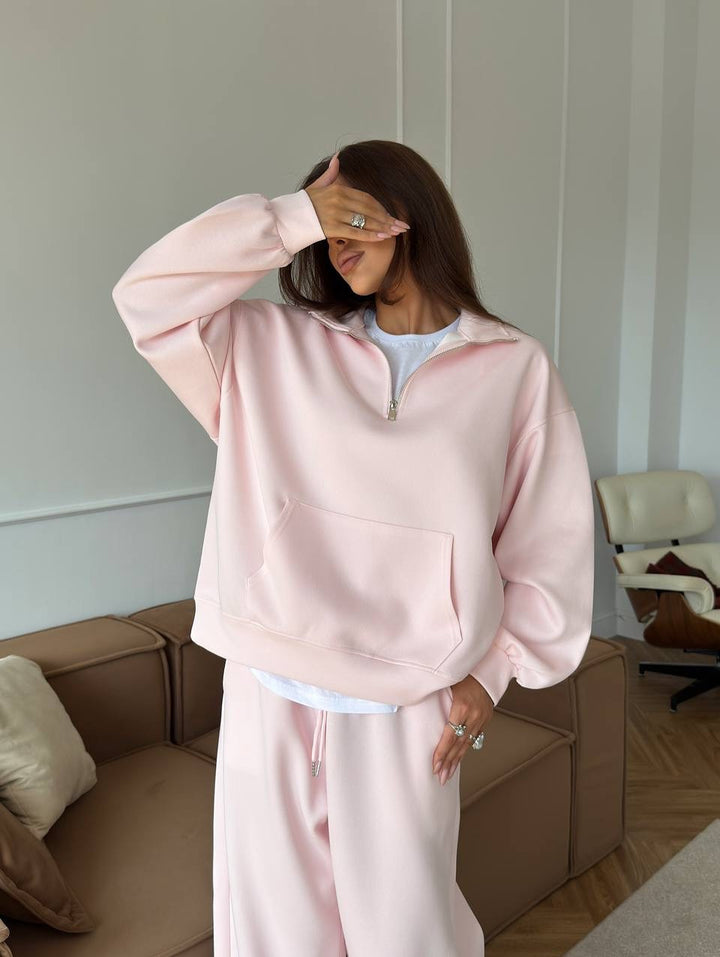 Damen nan weites Halfzip-Lounge-Set mit Kapuzenpullover, Kängurutasche und fließender Wide-Leg-Hose Drune