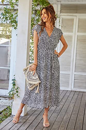 Damen Maxikleid mit tiefem V-Ausschnitt und schwingendem Rock Drune