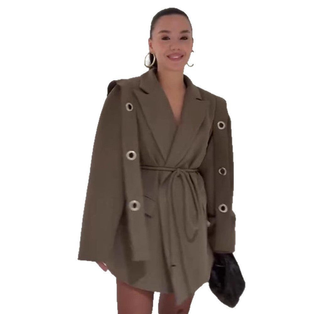 Damen Oversized Blazerjacke mit modischen Bindetail und großen Knöpfen Drune