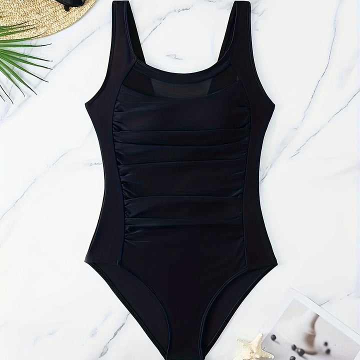 Damen Sportlicher Badeanzug mit Raffung und transparenten Einsätzen Drune