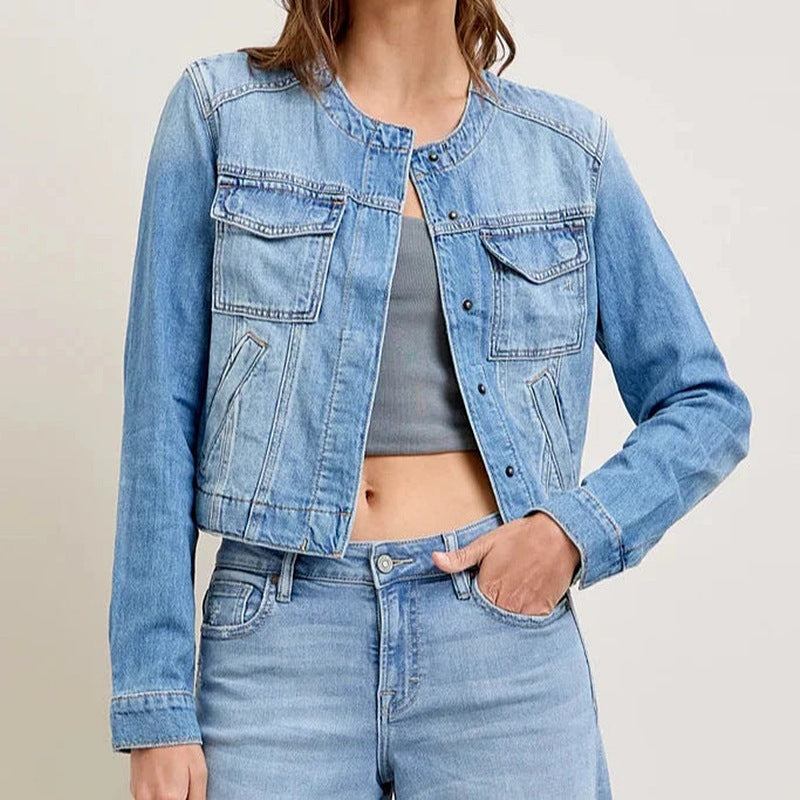 Damen Jeansjacke im lässigen Cropped-Schnitt mit praktischen Taschen und Knopfdetails Drune