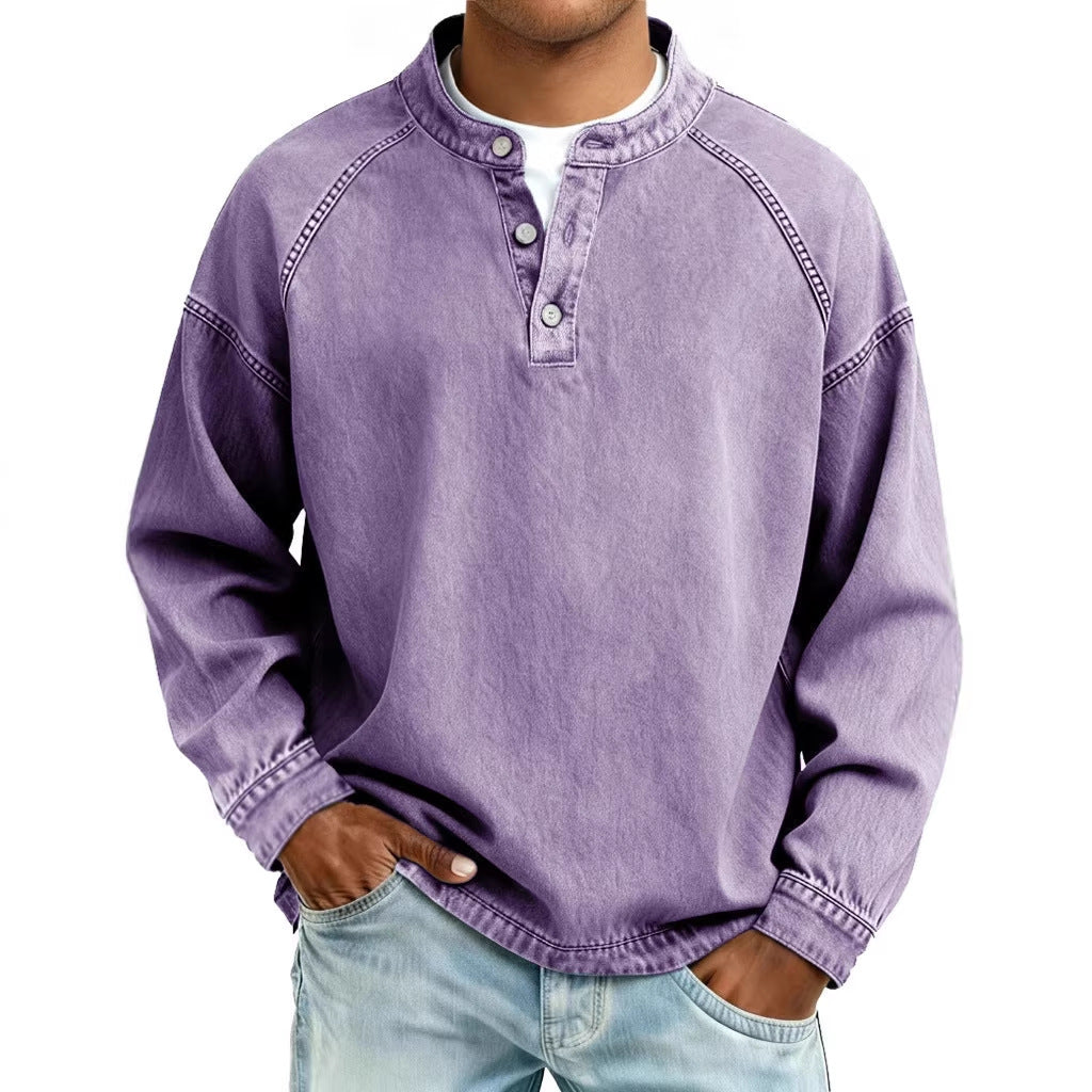 Herren nan verwaschenes Henley-Shirt mit Stehkragen, lockerer Passform und Knopfleiste Drune