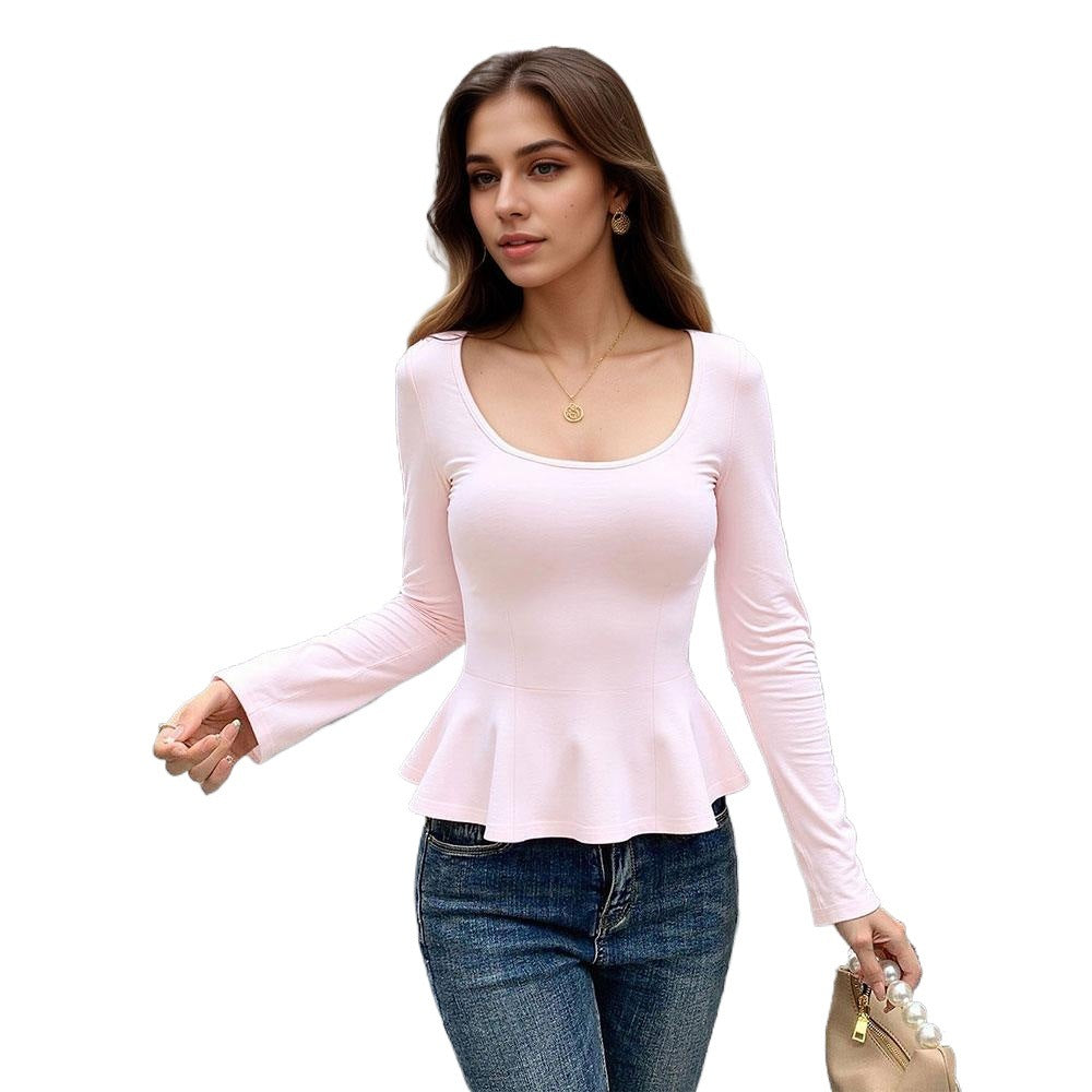 Damen Peplum-Oberteil mit tiefem Ausschnitt und langen Ärmeln Drune