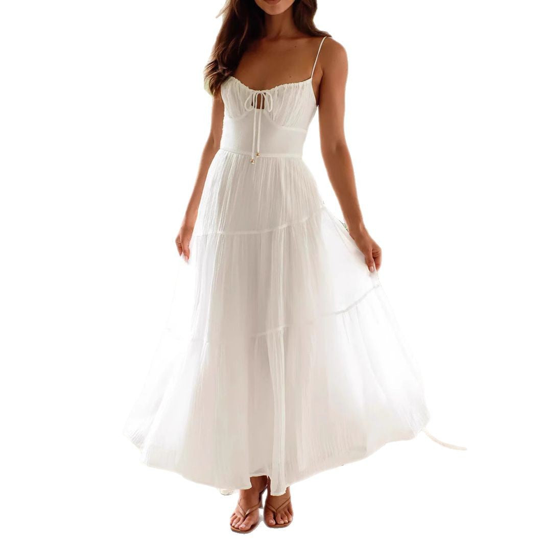 Damen luftiges Maxikleid mit verstellbaren Trägern und Raffungen Drune
