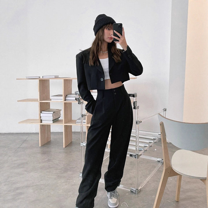 Damen elegantes und modernes Blazer-Set mit taillierter Jacke und weiten Hosen Drune