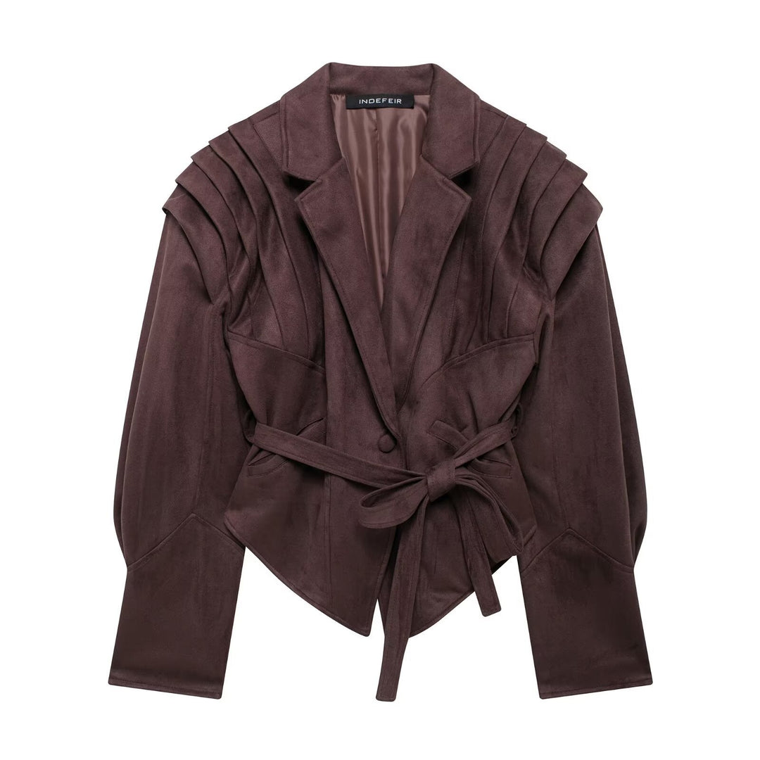 Damen nan taillierter Wildlederoptik Blazer mit Wickelgürtel und gerafften Schultern Drune