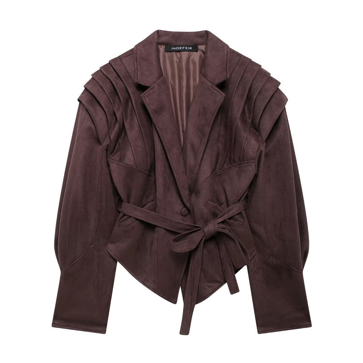 Damen nan taillierter Wildlederoptik Blazer mit Wickelgürtel und gerafften Schultern Drune