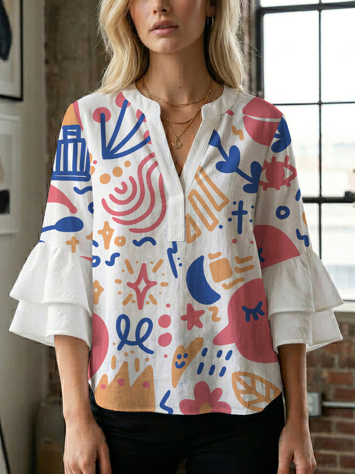Damen modisches Oberteil mit Rüschendetails und kreativem Muster Drune