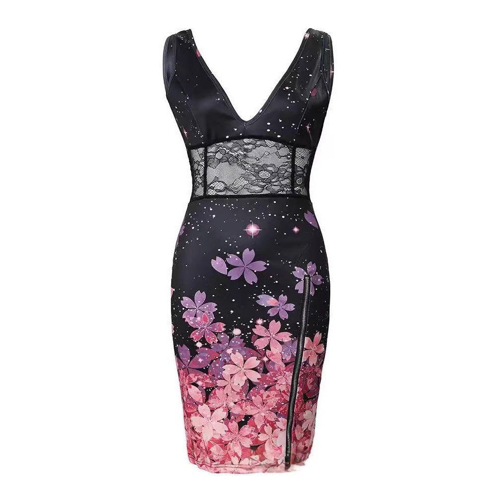 Damen Elegantes Blumenkleid mit tiefem V-Ausschnitt und Spitzen-Details Drune