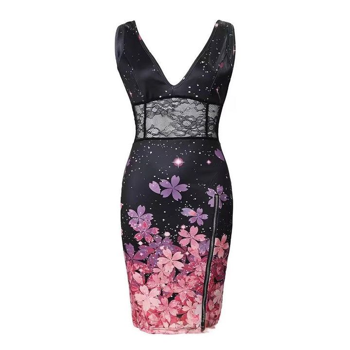 Damen Elegantes Blumenkleid mit tiefem V-Ausschnitt und Spitzen-Details Drune