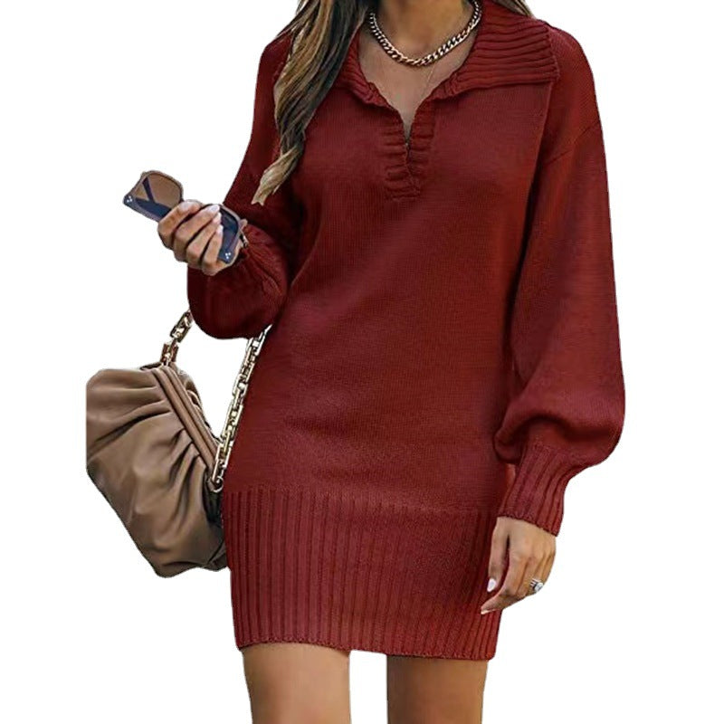 Damen nan schulterfreies Strickminikleid mit weitem V-Ausschnitt und Rippbund Drune
