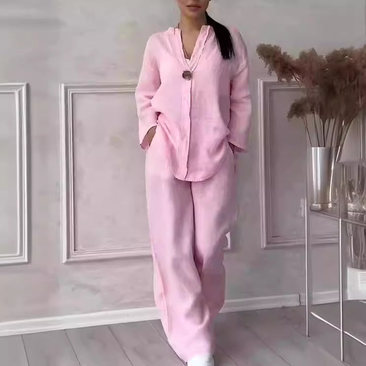Damen nan lässiges Leinen-Relax-Set mit weiter Hose und Hemdbluse Drune