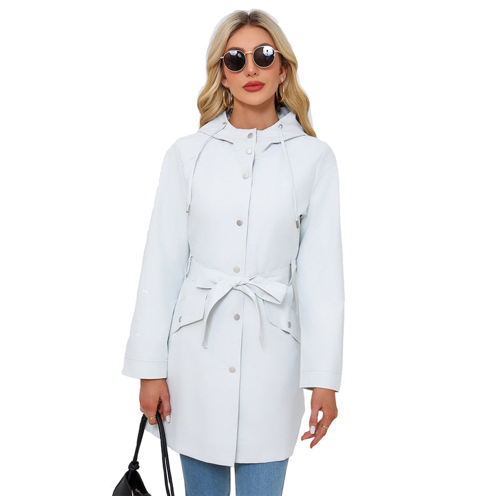Damen wasserfeste Übergangsjacke mit verstellbarem Kapuzenkragen und Taillengürtel Drune