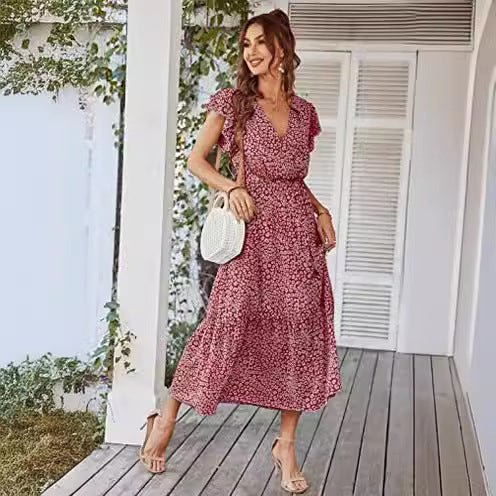 Damen Maxikleid mit tiefem V-Ausschnitt und schwingendem Rock Drune