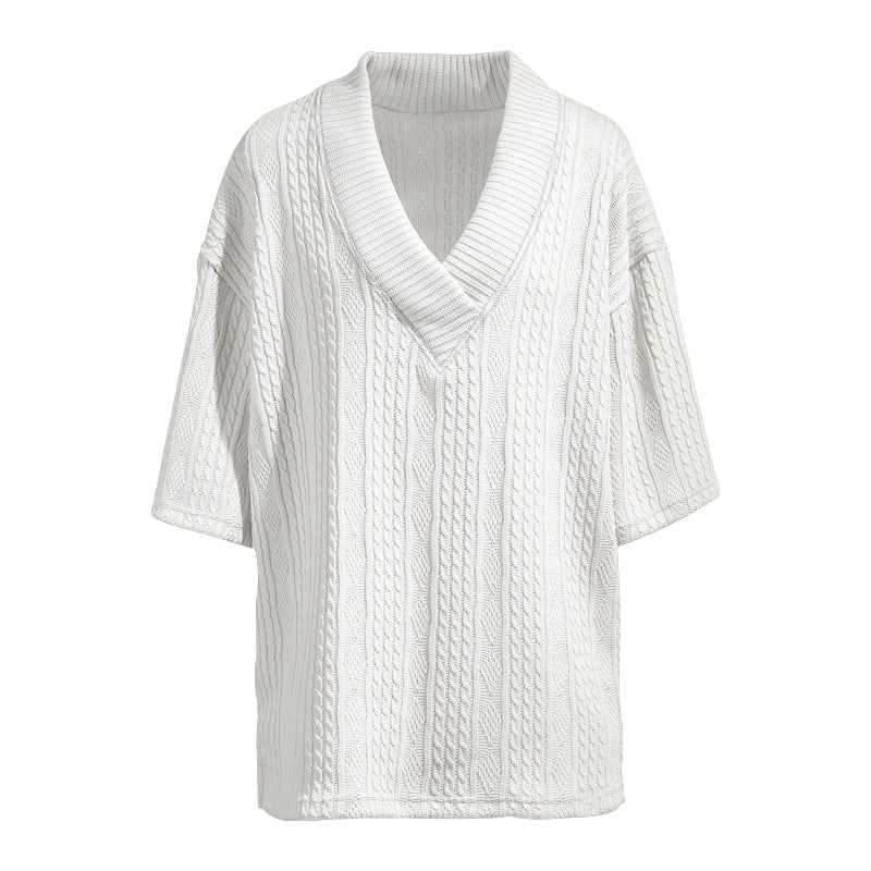 Damen nan weiter Kurzarm-Strickpullover mit Schalkragen und Zopfmuster Drune