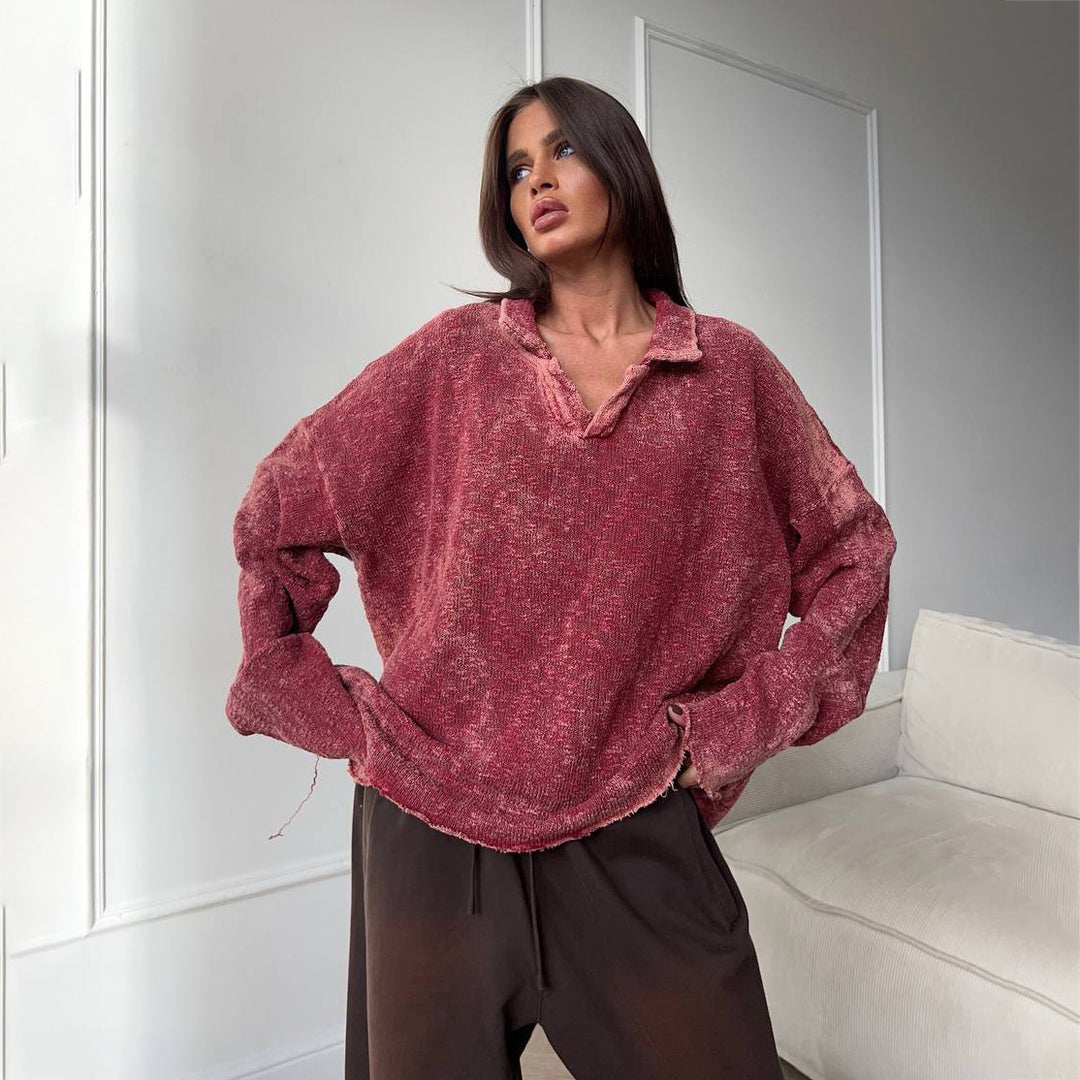 Damen Lässiger Oversized Pullover mit Rüschensaum und V-Ausschnitt Drune