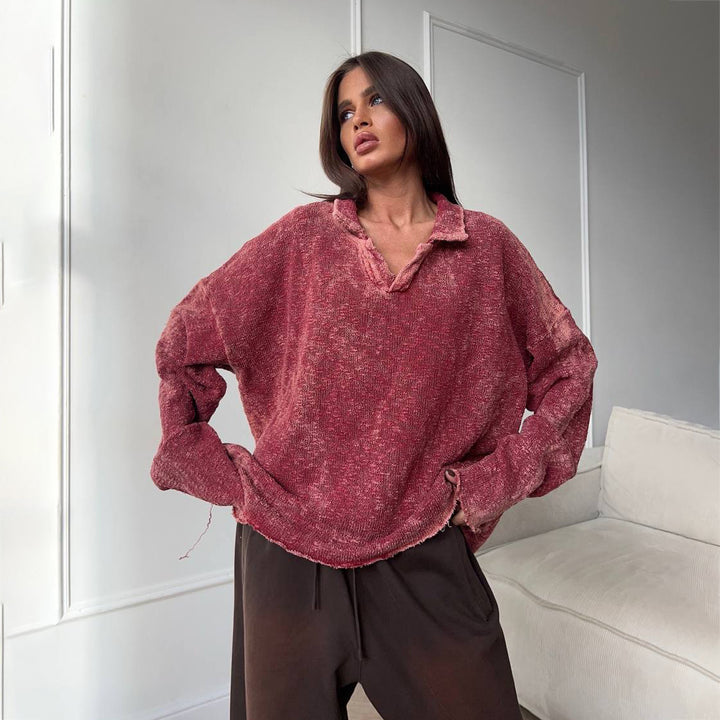 Damen Lässiger Oversized Pullover mit Rüschensaum und V-Ausschnitt Drune