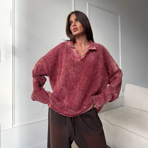 Damen Lässiger Oversized Pullover mit Rüschensaum und V-Ausschnitt Drune