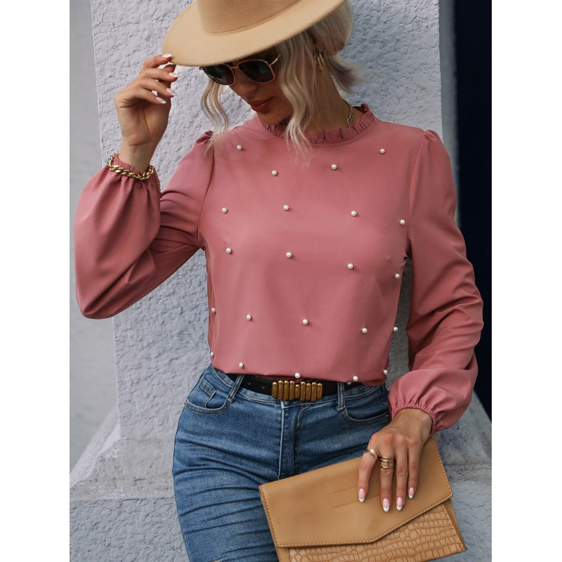 Damen Bluse mit eleganter Perlenverzierung und Rüschendetails Drune