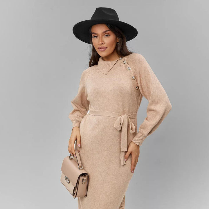 Damen Strickkleid mit taillierendem Gürtel und dekorativen Knopfdetails Drune