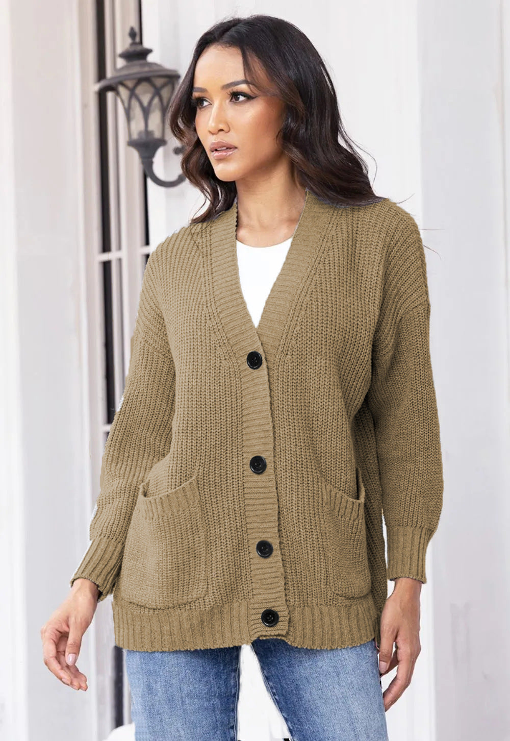 Damen Strickjacke mit großen Taschen und klassischem Knopfverschluss Drune