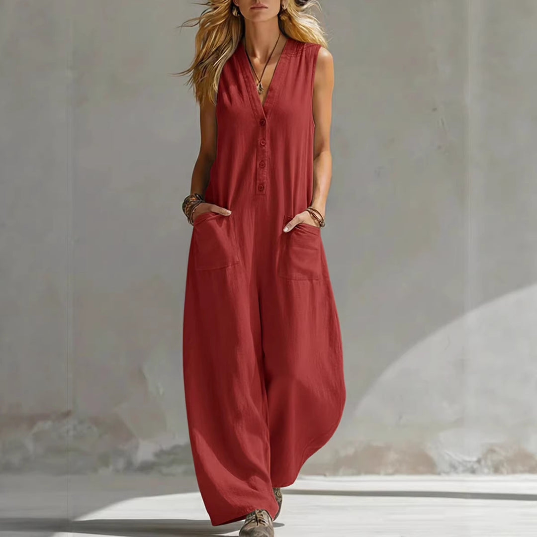 Damen Jumpsuit mit tiefem V-Ausschnitt und praktischen Taschen Drune