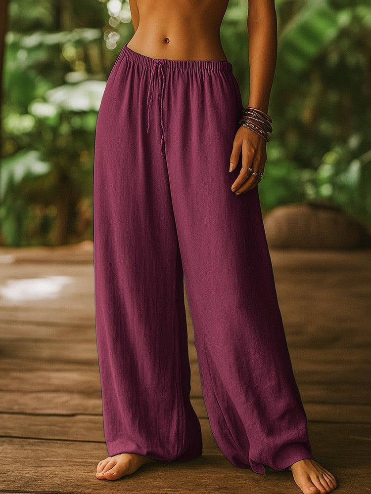 Damen Weit geschnittene Sommer-Hose mit elastischem Bund und Kordelzug Drune