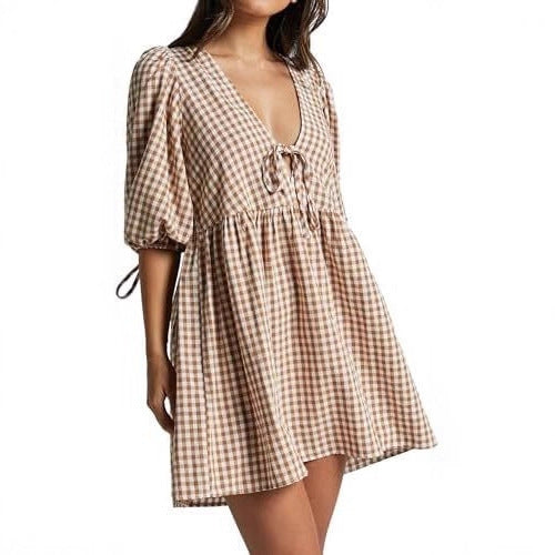Damen Freizeitkleid mit V-Ausschnitt und Puffärmeln Drune