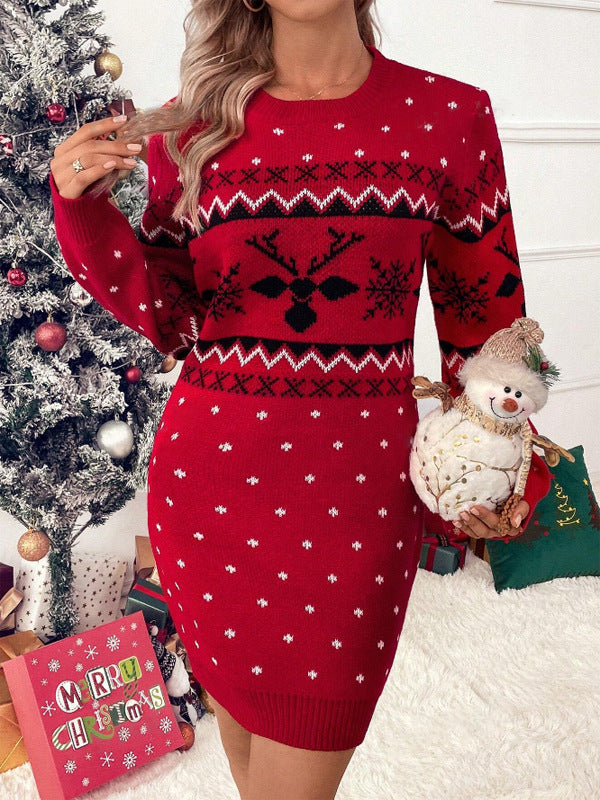 Damen festliches Strickkleid mit Weihnachtsmotiv und Rundhalsausschnitt Drune