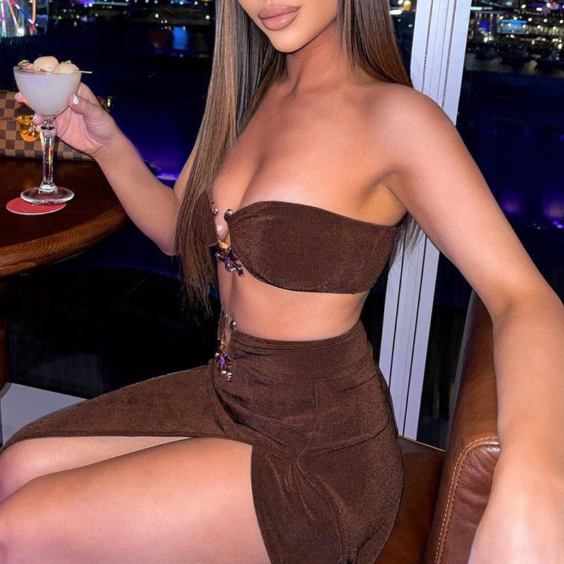 Damen Stylisches Bandeau-Top und Maxi-Rock Set mit hohem Schlitz und eleganten Details Drune