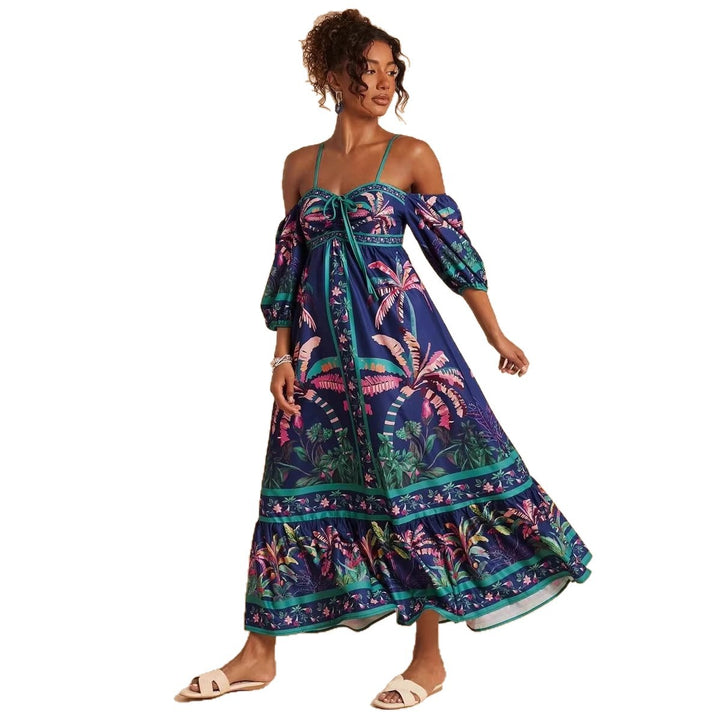 Damen Maxikleid mit schulterfreiem Design und tropischem Druck Drune