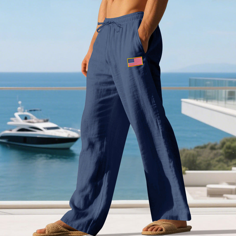 Herren lässige Strandhose mit amerikanischer Flaggen-Applikation und elastischem Bund Drune
