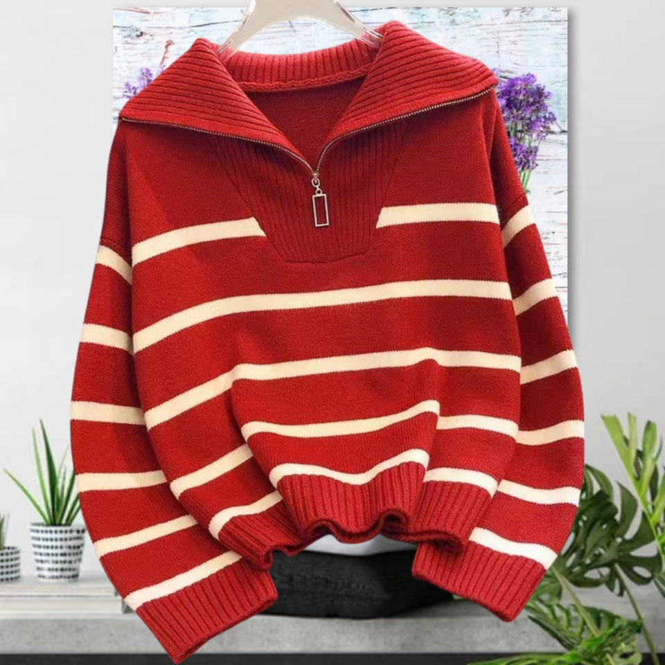 Damen gestreifter Pullover mit hohem Kragen und Reißverschluss Drune