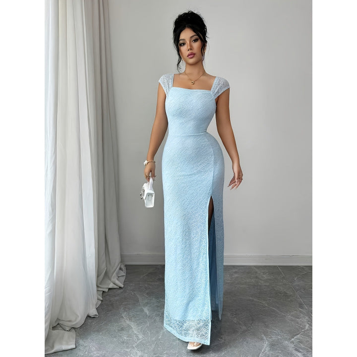Damen Maxikleid mit Spitzenärmel und seitlichem Schlitz Drune