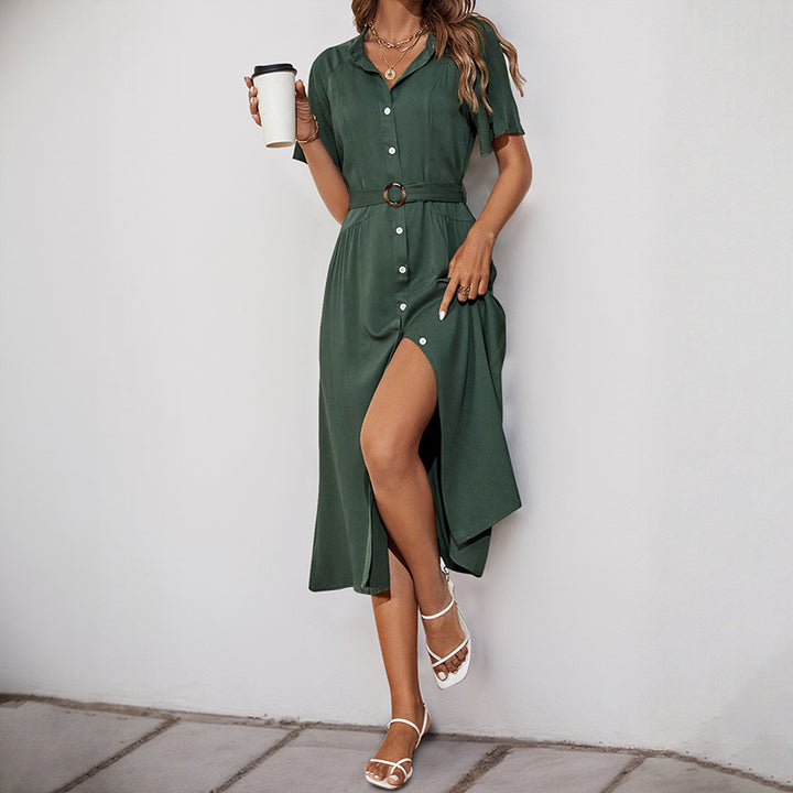 Damen Midikleid mit elegantem Knopfdetail und schmalem Taillengürtel Drune