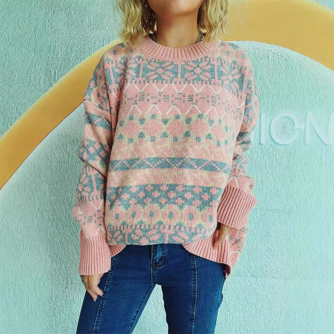 Damen bequemer Pullover mit traditionellem Norweger-Muster und lässigem Schnitt Drune