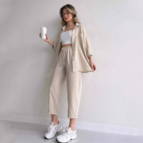 Damen lässige Loungewear-Kombination mit leichtem Leinenhemd und elastischer Hose Drune