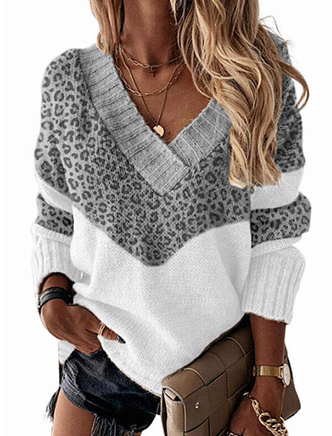 Damen V-Ausschnitt Pullover mit Leopardenmuster Drune