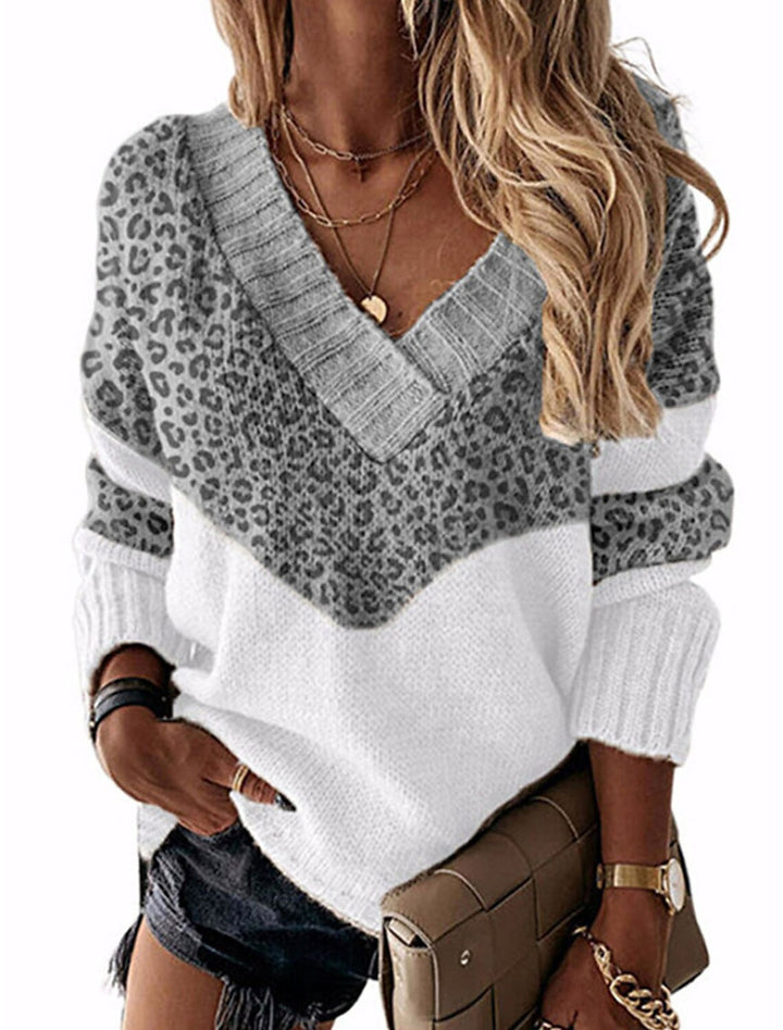 Damen V-Ausschnitt Pullover mit Leopardenmuster Drune